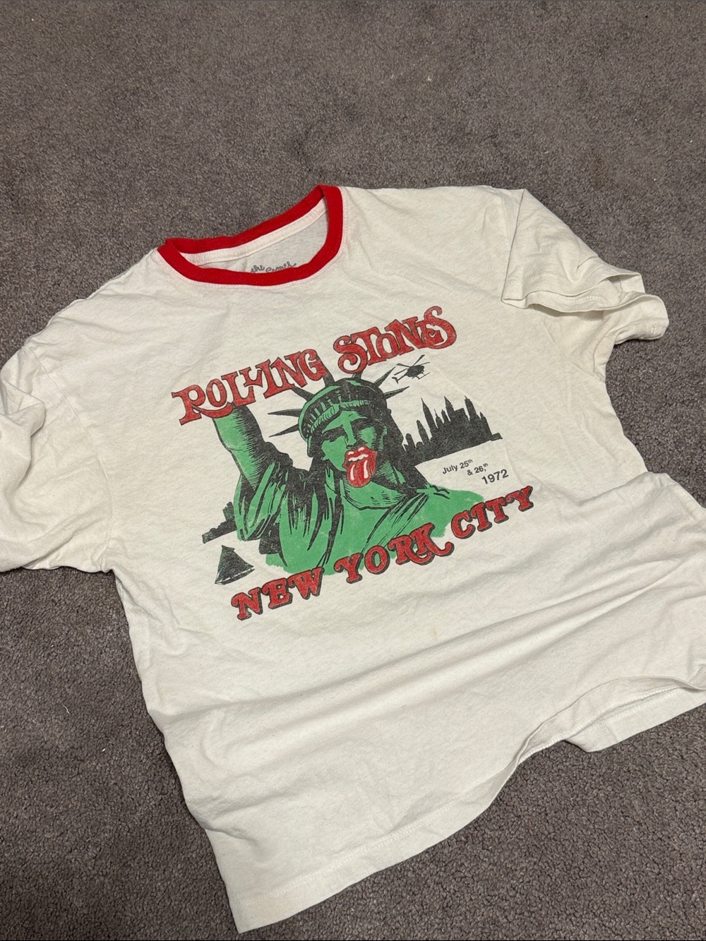 the Rolling Stones White Ringer Tee with Red Trim and Green Graphic